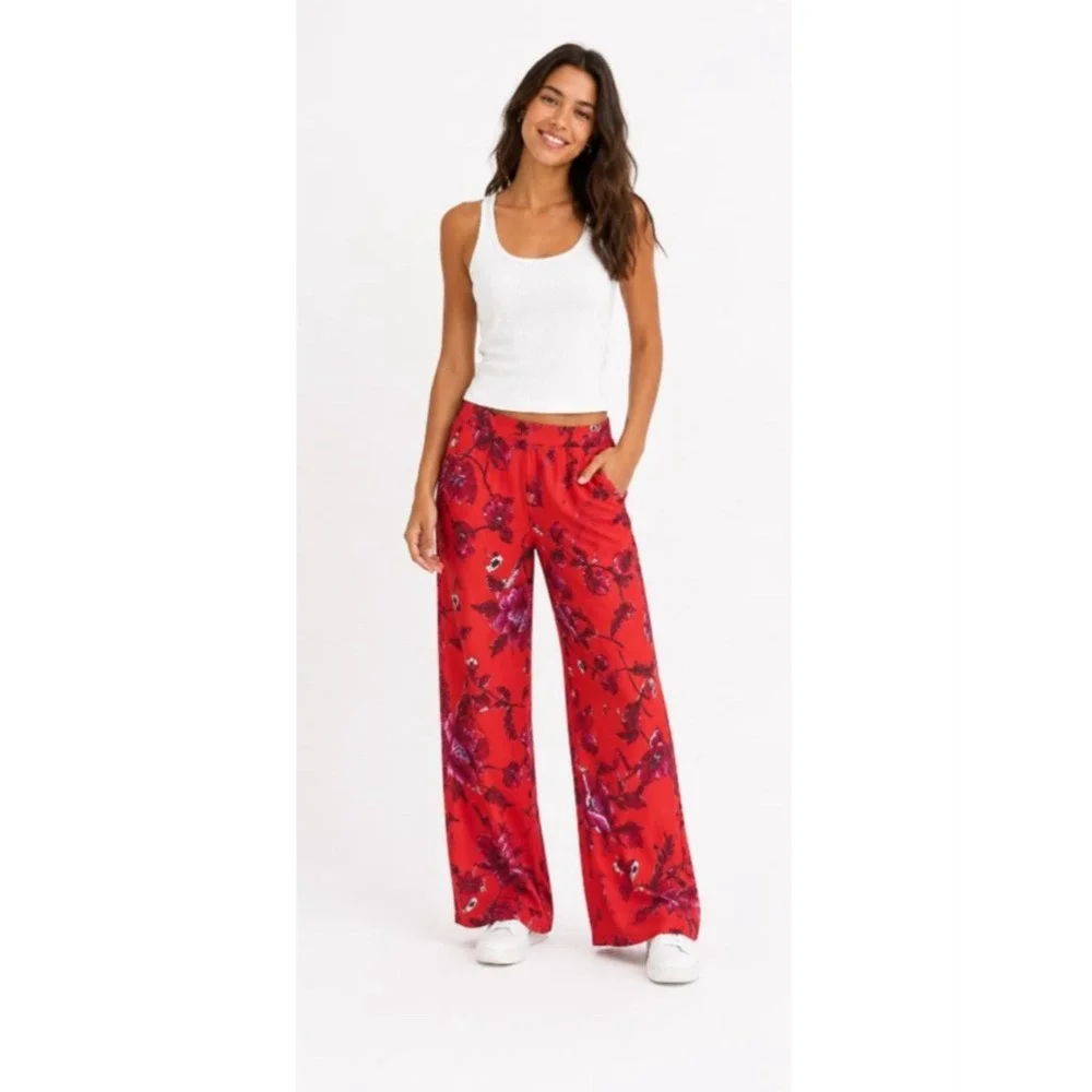 Ett Twa Anthropologie Womens  Red Boho Floral Wide Leg Pants High Rise Size‎ 4